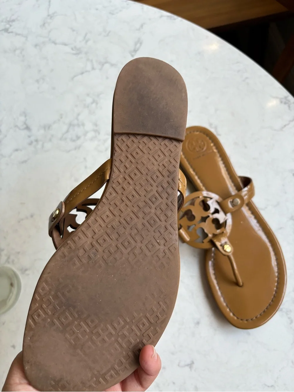 Tory Burch Tan Leather Logo Thong Sandals 8